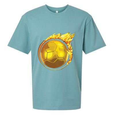 Gold Soccer Ball Flames Flaming Flying Soccer Ball On Fire Sueded Cloud Jersey T-Shirt