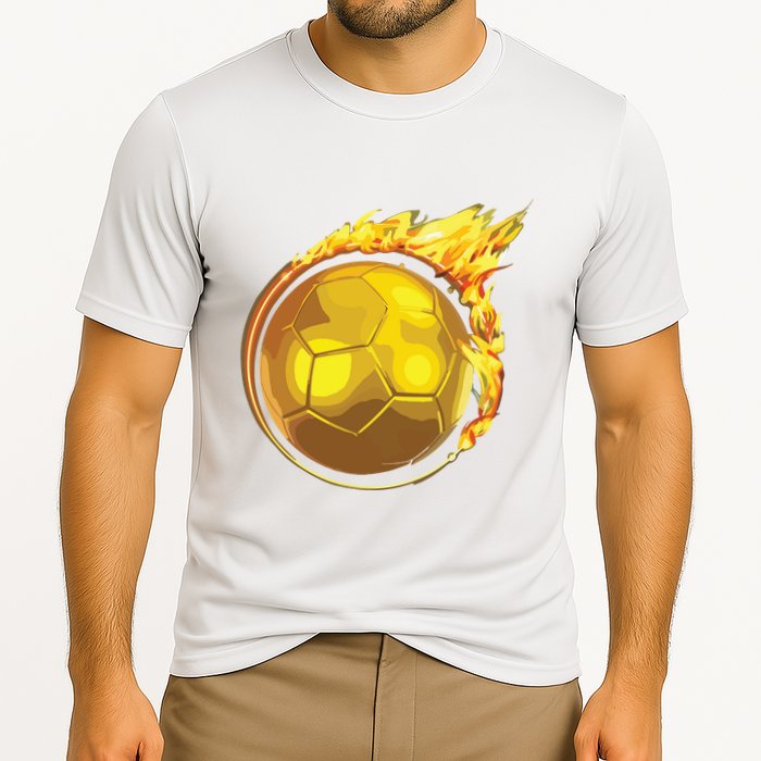 Gold Soccer Ball Flames Flaming Flying Soccer Ball On Fire Cooling Performance Crew T-Shirt