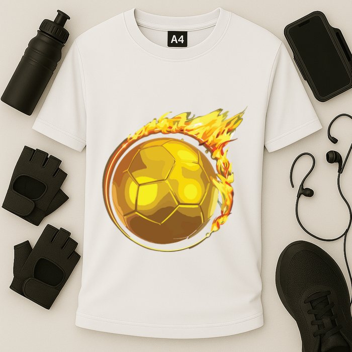 Gold Soccer Ball Flames Flaming Flying Soccer Ball On Fire Cooling Performance Crew T-Shirt
