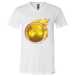 Gold Soccer Ball Flames Flaming Flying Soccer Ball On Fire V-Neck T-Shirt