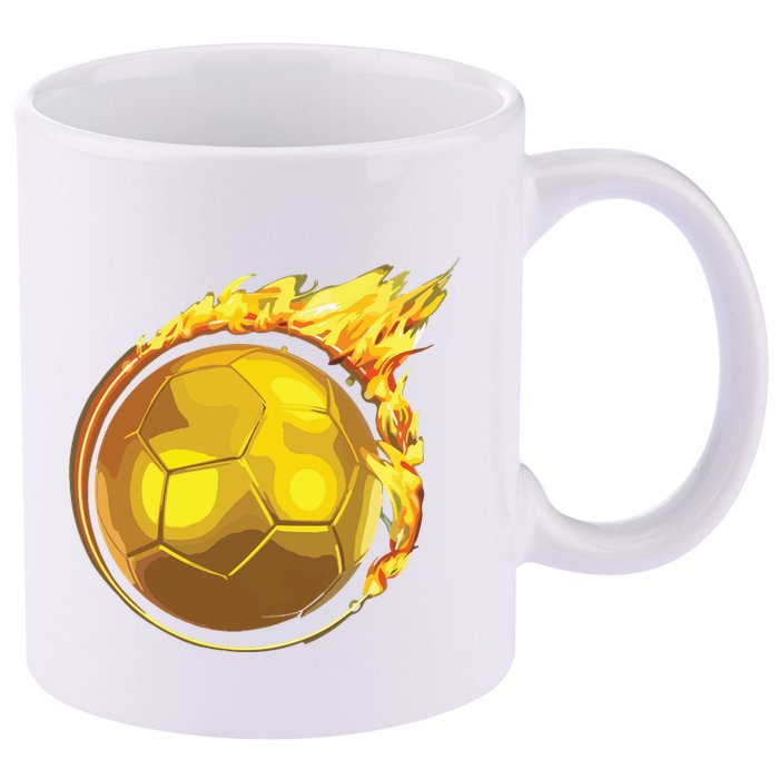 Gold Soccer Ball Flames Flaming Flying Soccer Ball On Fire 11oz C Handle Ceramic Mug