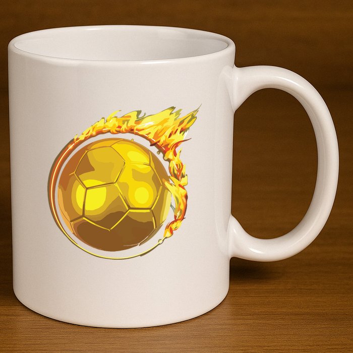 Gold Soccer Ball Flames Flaming Flying Soccer Ball On Fire 11oz C Handle Ceramic Mug