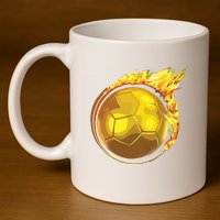 Gold Soccer Ball Flames Flaming Flying Soccer Ball On Fire 11oz C Handle Ceramic Mug