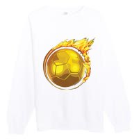 Gold Soccer Ball Flames Flaming Flying Soccer Ball On Fire Premium Crewneck Sweatshirt