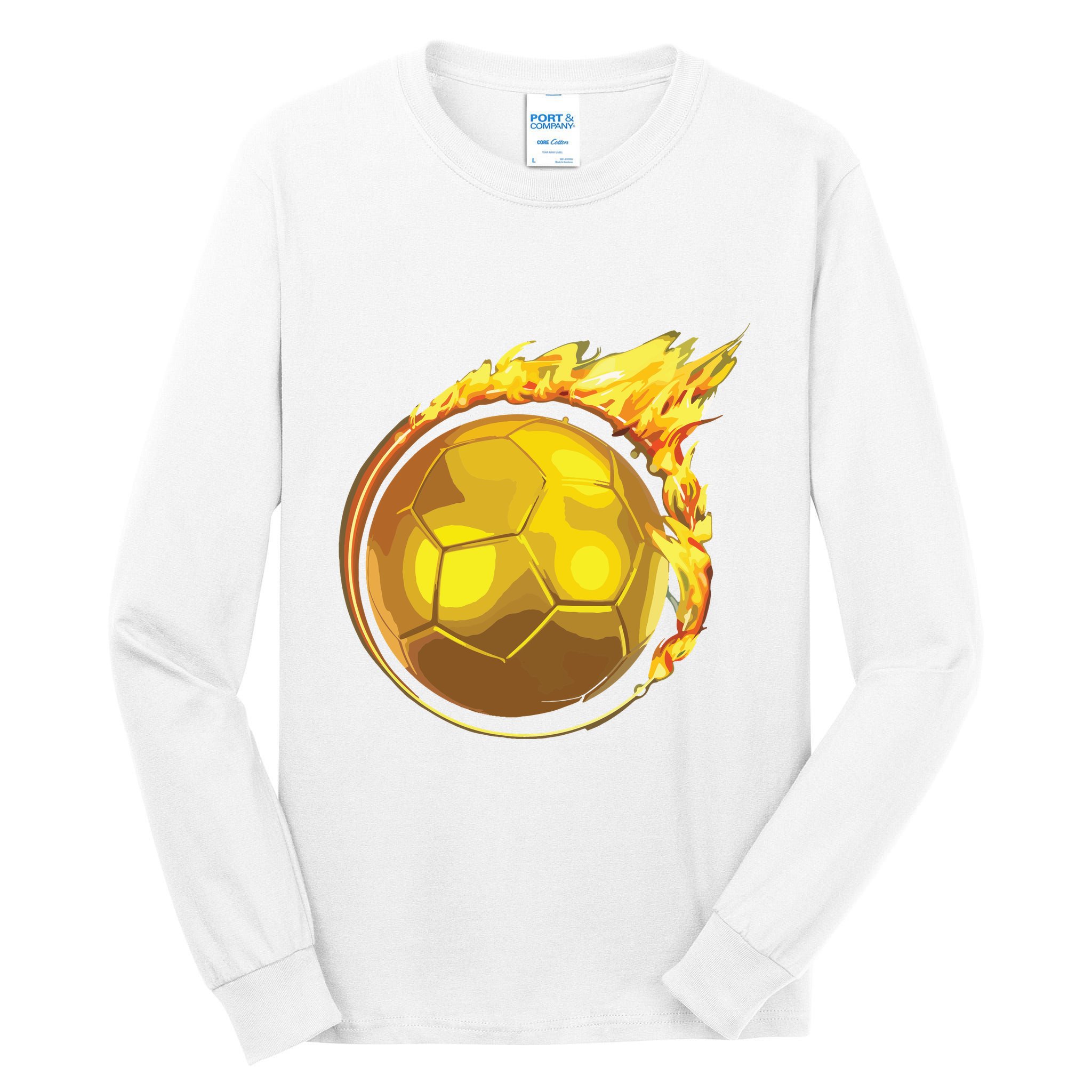 Gold Soccer Ball Flames Flaming Flying Soccer Ball On Fire Tall Long Sleeve T-Shirt