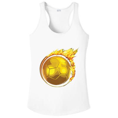 Gold Soccer Ball Flames Flaming Flying Soccer Ball On Fire Ladies PosiCharge Competitor Racerback Tank