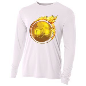 Gold Soccer Ball Flames Flaming Flying Soccer Ball On Fire Cooling Performance Long Sleeve Crew