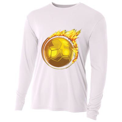 Gold Soccer Ball Flames Flaming Flying Soccer Ball On Fire Cooling Performance Long Sleeve Crew