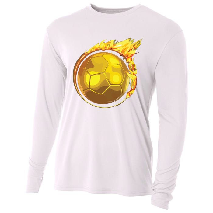 Gold Soccer Ball Flames Flaming Flying Soccer Ball On Fire Cooling Performance Long Sleeve Crew