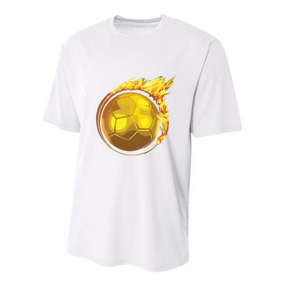 Gold Soccer Ball Flames Flaming Flying Soccer Ball On Fire Youth Performance Sprint T-Shirt