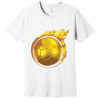 Gold Soccer Ball Flames Flaming Flying Soccer Ball On Fire Premium T-Shirt