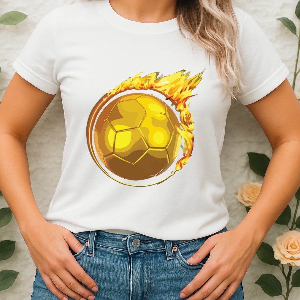 Gold Soccer Ball Flames Flaming Flying Soccer Ball On Fire Womens T-Shirt