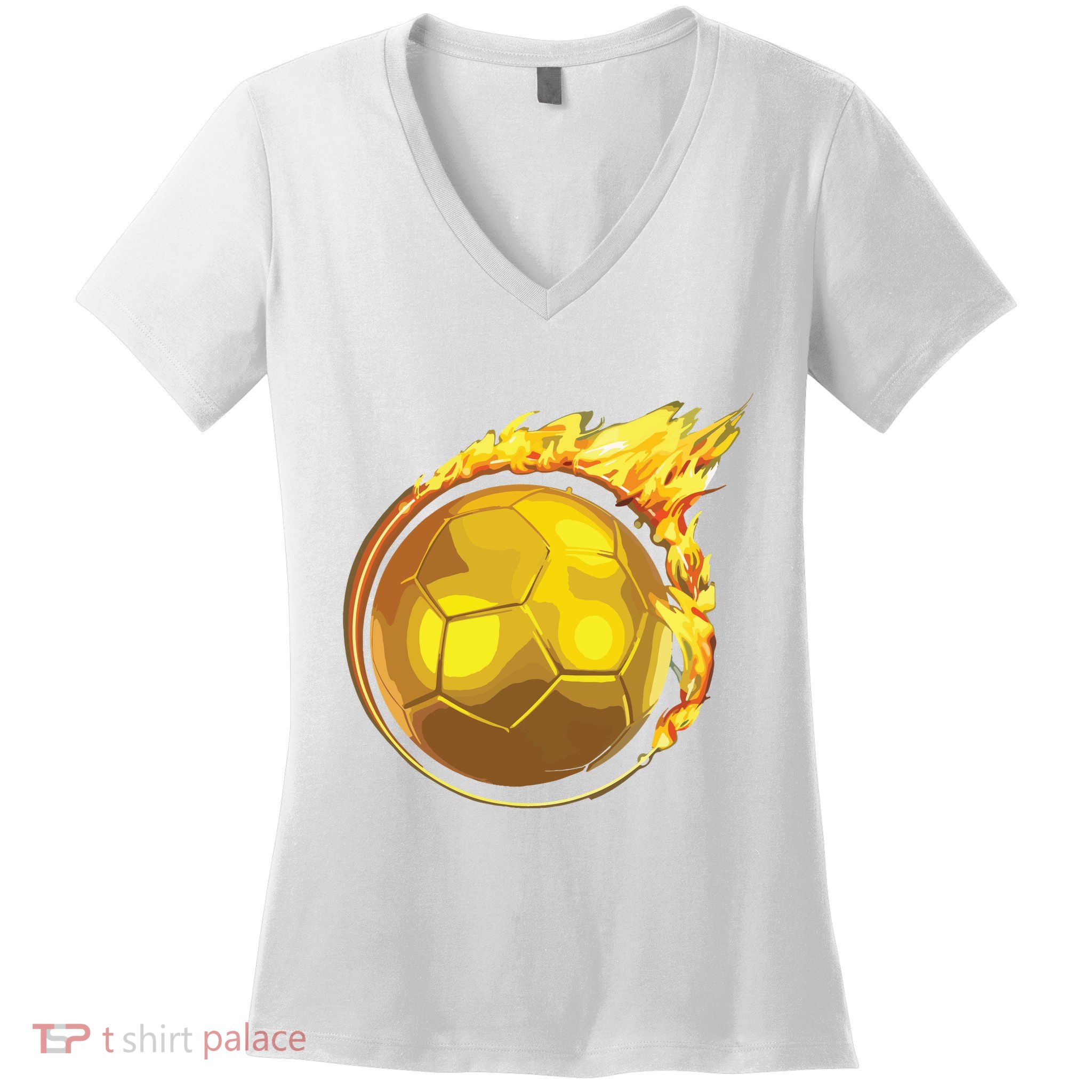 Gold Soccer Ball Flames Flaming Flying Soccer Ball On Fire Women's V-Neck T-Shirt