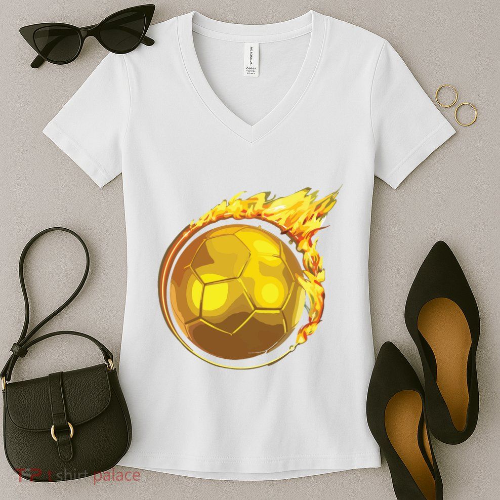 Gold Soccer Ball Flames Flaming Flying Soccer Ball On Fire Women's V-Neck T-Shirt