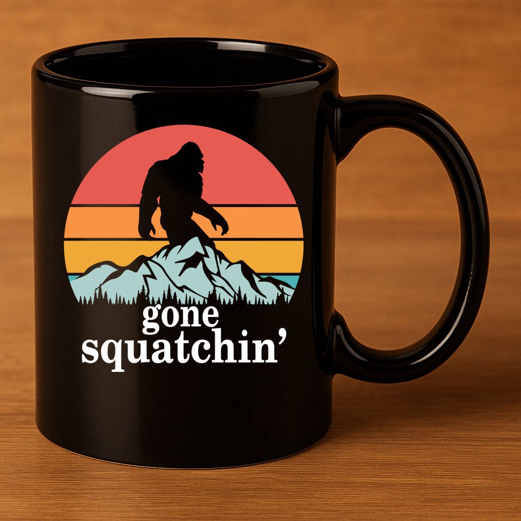 Gone Squatchin Bigfoot Mountain Retro Style Gift 11oz C Handle Ceramic Mug