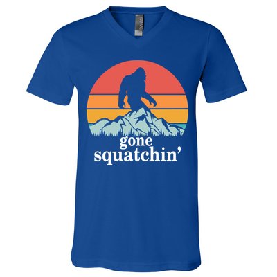 Gone Squatchin Bigfoot Mountain Retro Style Gift V-Neck T-Shirt