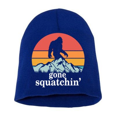 Gone Squatchin Bigfoot Mountain Retro Style Gift Short Acrylic Beanie