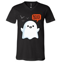 Ghost Saying Boo Spooky Halloween Cute V-Neck T-Shirt