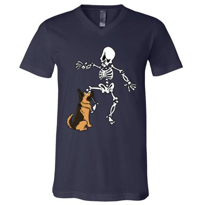 German Shepherd Biting Skeleton Leg Halloween V-Neck T-Shirt