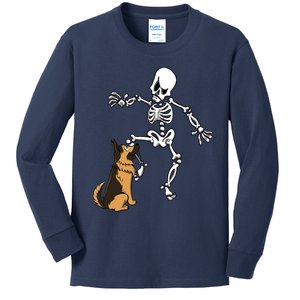 German Shepherd Biting Skeleton Leg Halloween Kids Long Sleeve Shirt