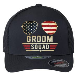 Groom Squad Bachelor Party Groomsmen Wedding USA Sunglasses Flexfit Unipanel Trucker Cap