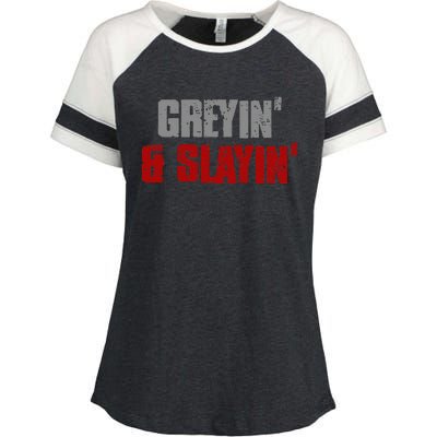 Greyin & Slayin Confident Stylish Successful Aging Awesome Enza Ladies Jersey Colorblock Tee