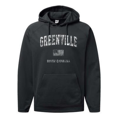 Greenville South Carolina Sc Vintage American Flag Performance Fleece Hoodie