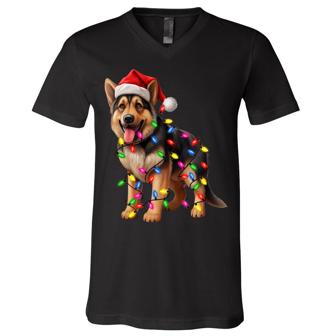 German Shepherd Christmas Lights Santa Hat Dog Lover V-Neck T-Shirt