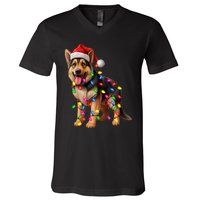 German Shepherd Christmas Lights Santa Hat Dog Lover V-Neck T-Shirt