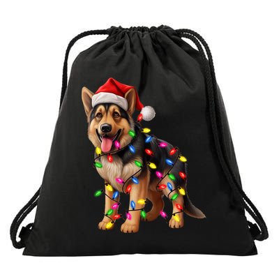 German Shepherd Christmas Lights Santa Hat Dog Lover Drawstring Bag