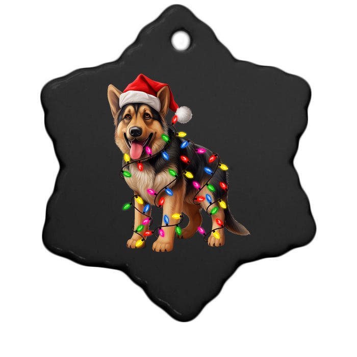 German Shepherd Christmas Lights Santa Hat Dog Lover Ceramic Star Ornament