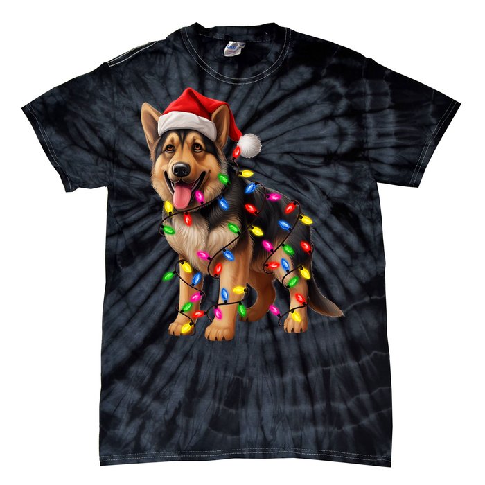 German Shepherd Christmas Lights Santa Hat Dog Lover Tie-Dye T-Shirt