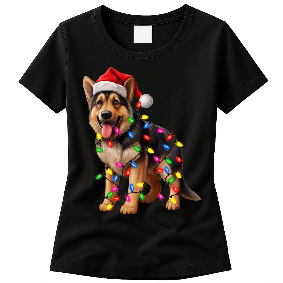 German Shepherd Christmas Lights Santa Hat Dog Lover Womens T-Shirt