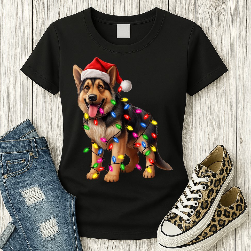 German Shepherd Christmas Lights Santa Hat Dog Lover Womens T-Shirt