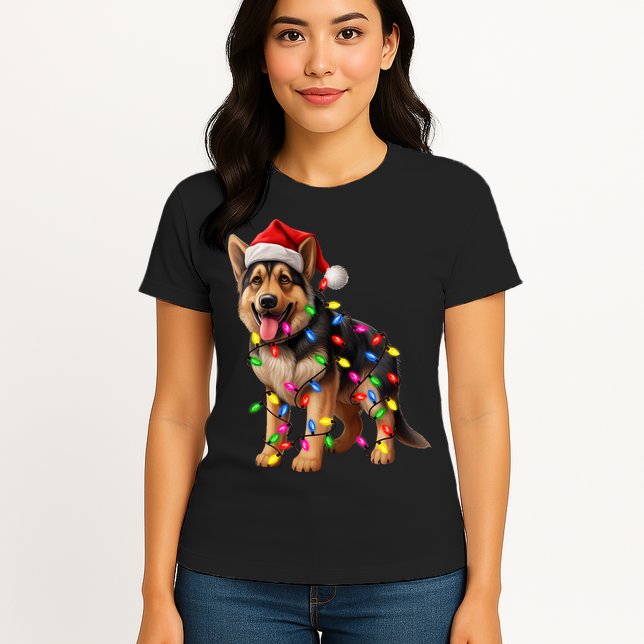 German Shepherd Christmas Lights Santa Hat Dog Lover Womens T-Shirt