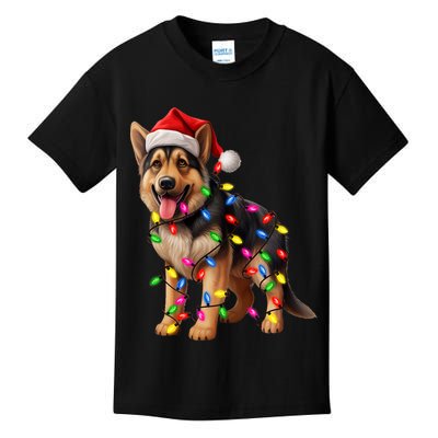 German Shepherd Christmas Lights Santa Hat Dog Lover Kids T-Shirt