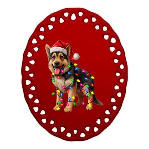 German Shepherd Christmas Lights Santa Hat Dog Lover Ceramic Oval Ornament