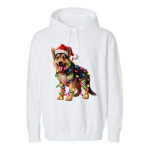 German Shepherd Christmas Lights Santa Hat Dog Lover Garment-Dyed Fleece Hoodie