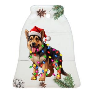 German Shepherd Christmas Lights Santa Hat Dog Lover Ceramic Bell Ornament