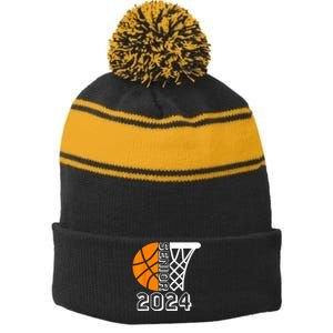 Graduate Senior Class Of 2024 Basketball Player Graduation Stripe Pom Pom Beanie