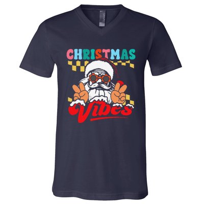 Groovy Santa Claus Christmas Vibes Peace Sign Xmas Retro V-Neck T-Shirt