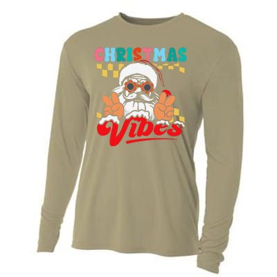 Groovy Santa Claus Christmas Vibes Peace Sign Xmas Retro Cooling Performance Long Sleeve Crew