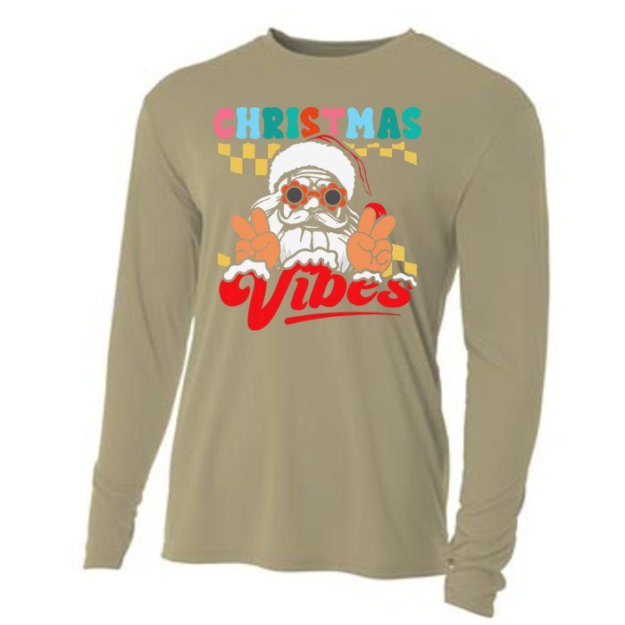 Groovy Santa Claus Christmas Vibes Peace Sign Xmas Retro Cooling Performance Long Sleeve Crew