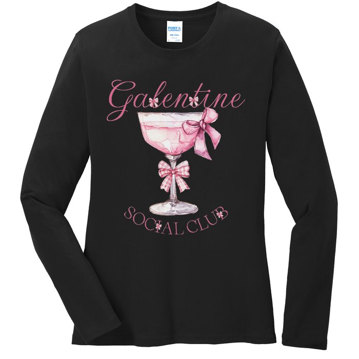 Galentine Social Club Valentines Day Coquette Bow Wine Ladies Long Sleeve Shirt