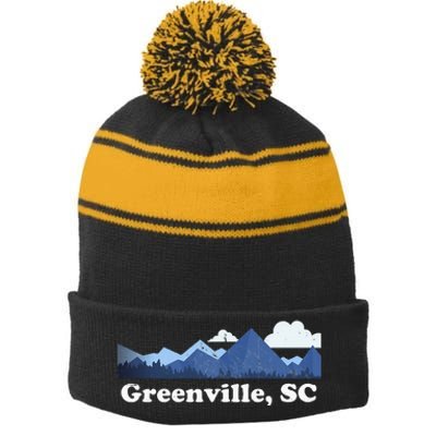 Greenville South Carolina Blue Ridge Mountains Stripe Pom Pom Beanie