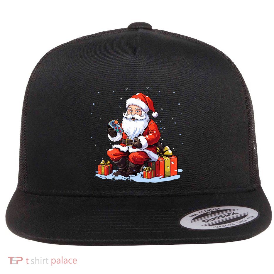 Gamer Santa Claus Playing Video Games Christmas Funny Gift Flat Bill Trucker Hat