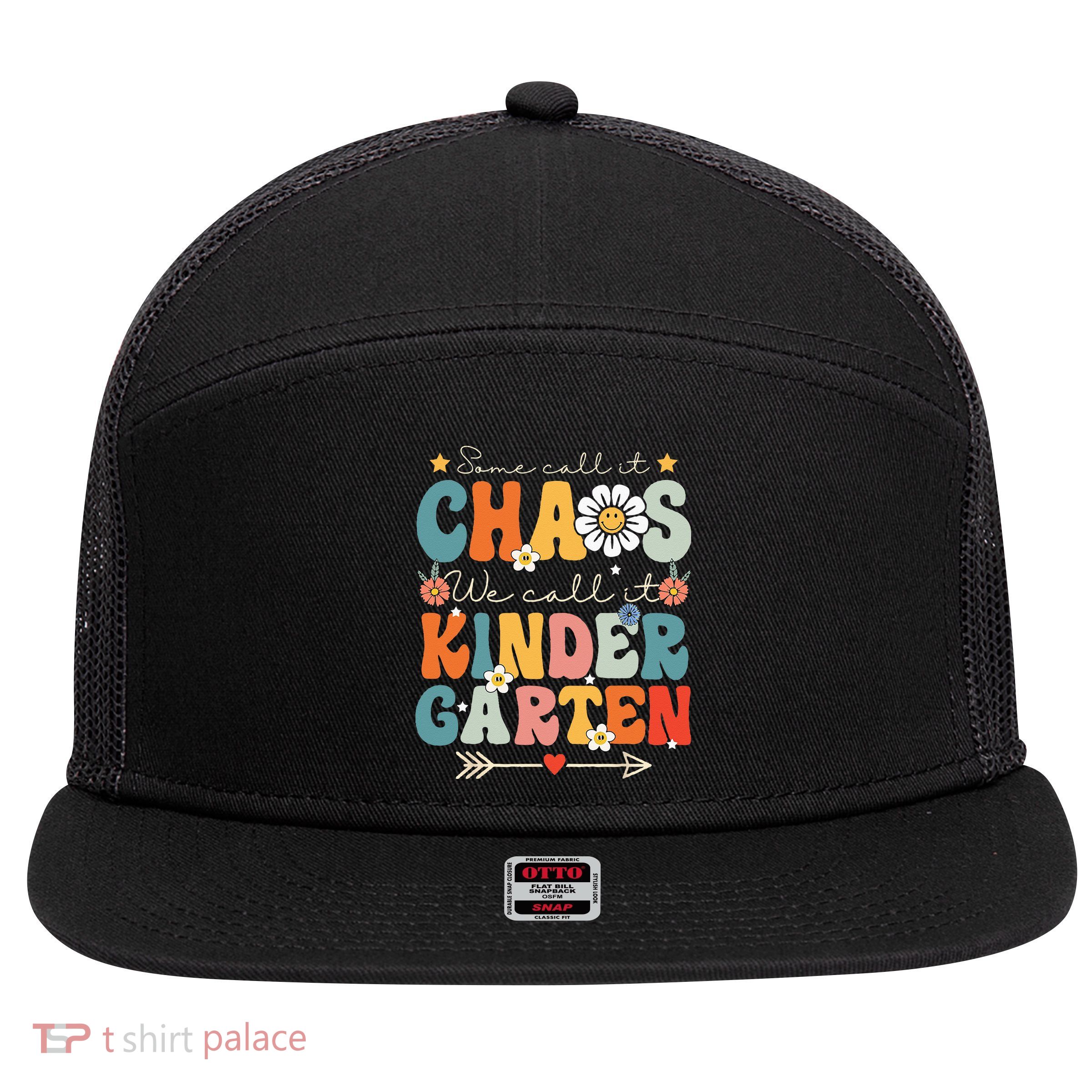 Groovy Some Call It Chaos We Call It Kindergarten Teachers 7 Panel Mesh Trucker Snapback Hat