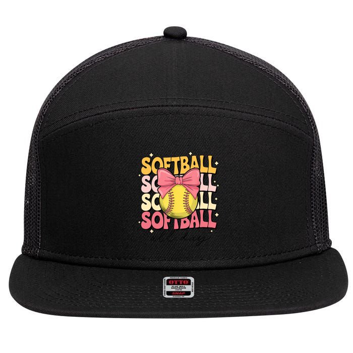 Groovy Softball Coquette Bow Softball Lover Softball All Day  7 Panel Mesh Trucker Snapback Hat