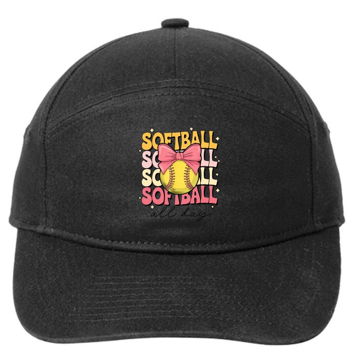 Groovy Softball Coquette Bow Softball Lover Softball All Day  7-Panel Snapback Hat
