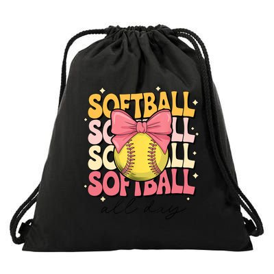Groovy Softball Coquette Bow Softball Lover Softball All Day  Drawstring Bag